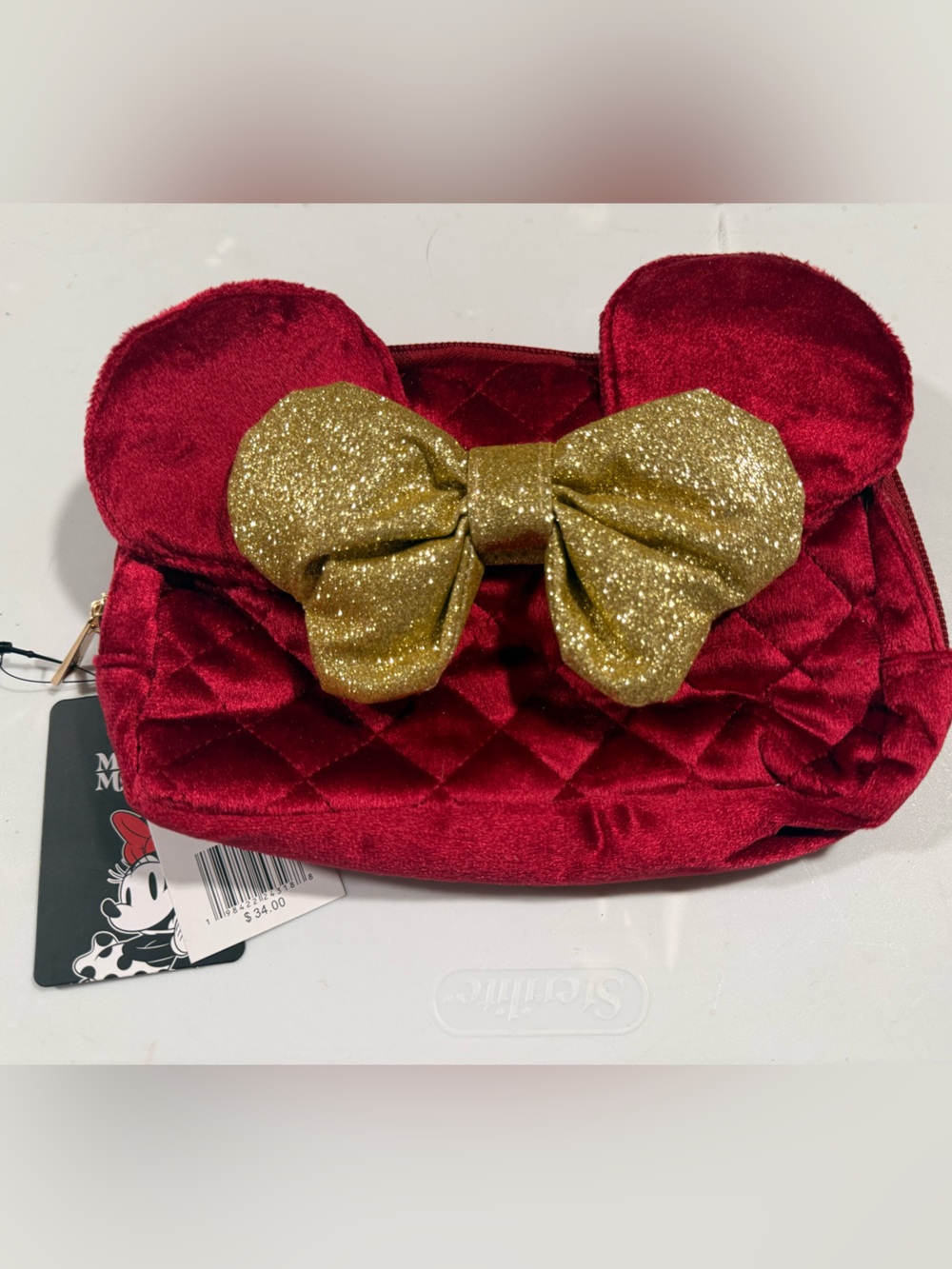 Kids Velvet Minnie Ear fanny pack with Gold Glitter Bow - Red